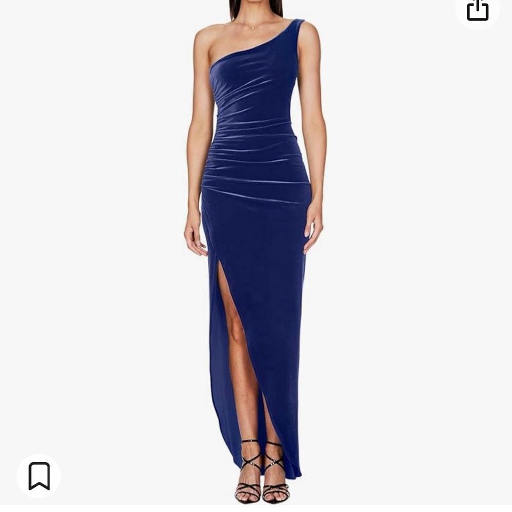 Navy blue formal dress. Floor-length with slit in front. Velvet.